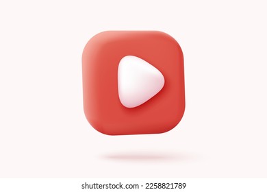 3d social media play video in background. Red round play button for start multimedia 3d concept of video, audio playback, movie tv icon. 3d media player button icon rendering vector illustration