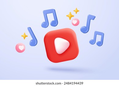 3d social media play video in background. Red round play button for start multimedia with colorful concept of video, audio playback. 3d media player button icon rendering vector illustration