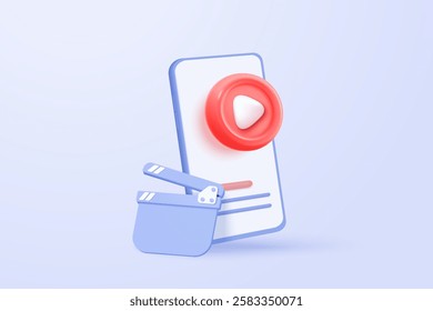 3d social media play video in background. Red round play button for start multimedia with colorful concept of video, audio playback. 3d media player button icon rendering vector illustration