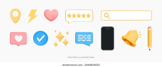 3D Social media set icon emoji. Online communication. Phone, bell notification, like, speech bubble message. Chat emoticon. Digital marketing. Realistic 3d objects isolated on white background