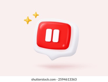 3d social media video player in speech bubble. Red round pause buttons for start multimedia with simplicity colorful video concept, audio playback. 3d watch buttons icon vector rendering illustration