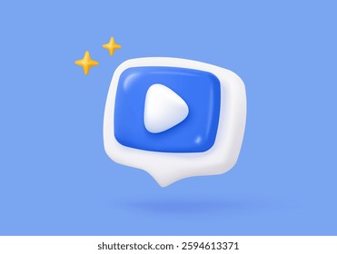 3d social media video player in speech bubble. Red round play buttons for start multimedia with simplicity colorful video concept, audio playback. 3d watch buttons icon vector rendering illustration