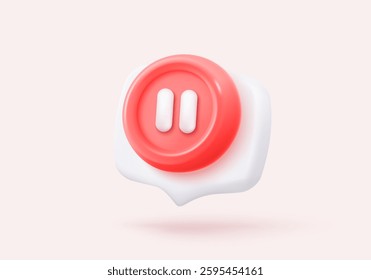 3d social media video player in speech bubble. Red round pause buttons for start multimedia with simplicity colorful video concept, audio playback. 3d watch buttons icon vector rendering illustration