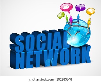 3D social networking background with text, mini globe and people connected with network, isolated on white. EPS 10.