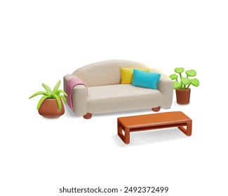 3D sofa made of light beige velvet with wooden legs. It includes a blanket, pillows, plants in flower pots and a table, ideal for decorating modern interiors