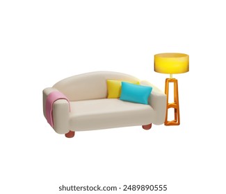 3D sofa with rectangular cushions, a plaid, wooden legs and a lamp. It is ideal for luxurious decoration of the living room and studio in light pink tones.