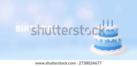 3d Soft blue happy birthday background featuring a two tier cake with white drip icing, colorful sprinkles, and three lit candles, perfect for greeting cards, banners, and celebration designs.
