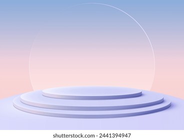 3D soft blue podium stairs on a blue sky background with a large circle glass transparent behind it, Product display, Mockup, Showcase. Vector illustration