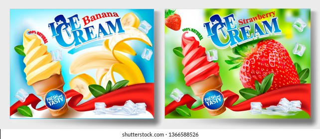 3d Soft Ice Cream with Banana and Srtrawberry in a Waffle Cone.Vector realistic image of Banana, purified fruit.Picture for sale of fruit and ice cream. Label, wrapper, poster, leaflet.