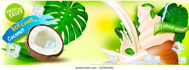3d Soft Ice Cream with Coconut in a Waffle Cone.Vector realistic image of Coconut, purified fruit.Picture for sale of fruit and ice cream. Label, wrapper, poster, leaflet.