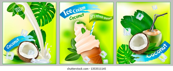 3d Soft Ice Cream with Coconut in a Waffle Cone.Vector realistic image of Coconut, purified fruit.Picture for sale of fruit and ice cream. Label, wrapper, poster, leaflet.