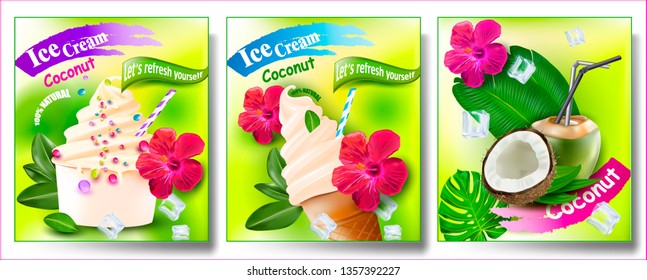 3d Soft Ice Cream with Coconut in a Waffle Cone.Vector realistic image of Coconut, purified fruit.Hibiscus.Picture for sale of fruit and ice cream. Label, wrapper, poster, leaflet.