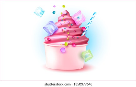 3d Soft Ice Cream.Ice cream in a paper jar, packaging.Vector realistic image of ice cream. Label, wrapper, poster, leaflet.