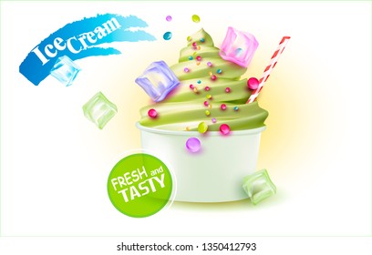 3d Soft Ice Cream.Ice cream in a paper jar, packaging.Vector realistic image of ice cream. Label, wrapper, poster, leaflet.