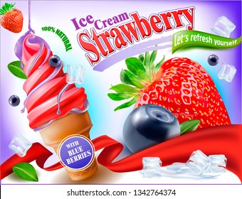 3d Soft ice cream with strawberries and blueberries in a waffle cone.Blueberries.Vector realistic image of Strawberry.Picture for sale of fruit and ice cream.