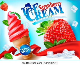 3d Soft Ice Cream with Strawberry in a Waffle Cone.Vector realistic image of Strawberry, purified fruit.Picture for sale of fruit and ice cream. Label, wrapper, poster, leaflet.