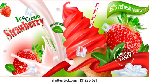 3d Soft Ice Cream with Strawberry in a Waffle Cone.Vector realistic image of Strawberry, purified fruit.Picture for sale of fruit and ice cream. Label, wrapper, poster, leaflet.