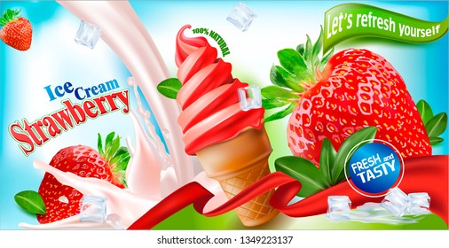 3d Soft Ice Cream with Strawberry in a Waffle Cone.Vector realistic image of Strawberry, purified fruit.Picture for sale of fruit and ice cream. Label, wrapper, poster, leaflet.