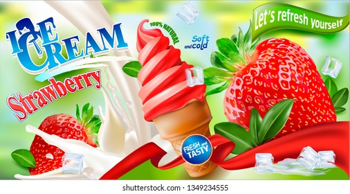 3d Soft Ice Cream with Strawberry in a Waffle Cone.Vector realistic image of Strawberry, purified fruit.Picture for sale of fruit and ice cream. Label, wrapper, poster, leaflet.