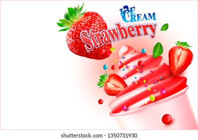3d Soft Ice Cream with Strawberry.Vector realistic image of Strawberry, purified fruit.Picture for sale of fruit and ice cream. Label, wrapper, poster, leaflet.