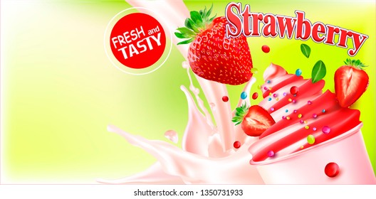 3d Soft Ice Cream with Strawberry.Vector realistic image of Strawberry, purified fruit.Picture for sale of fruit and ice cream. Label, wrapper, poster, leaflet.