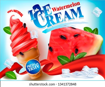 3d Soft ice cream with watermelon in a waffle cone.Vector realistic image of watermelon, purified fruit.Picture for sale of fruit and ice cream. Label, wrapper, poster, leaflet.