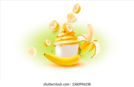 3d Soft Ice Cream.Banana ice cream in a paper jar, packaging.Vector realistic image of dessert. Label, wrapper, poster, leaflet