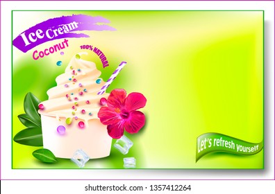 3d Soft Ice Cream.Vector realistic image of ice cream.Hibiscus.Picture for sale of fruit and ice cream. Label, wrapper, poster, leaflet.