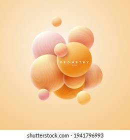 3d soft orange spheres cluster. Abstract background. Vector illustration of soft bubbles textured with wavy striped pattern. Banner or sign design