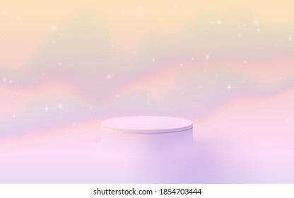 3D Soft Pink Circle Podium Display On Fantasy Sky Pastel Color Background. Vector Illustration