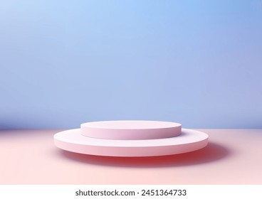 3D weich rosa kreisförmiges Podium mit blauem Hintergrund. Produkt-Display, Mockup, Showcase-Präsentation. Vektorillustration