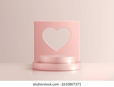 3D soft pink podium with a heart shaped backdrop, perfect for valentine day or wedding promotions product displays, romantic events, and luxury branding mockups. Minimalist, elegant