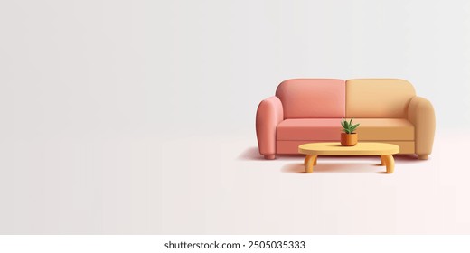 3D soft sofa, coffee table. Modern furniture for home, office, and interior design concepts. Comfortable rest, waiting area, advertising, and sale of furniture. Vector