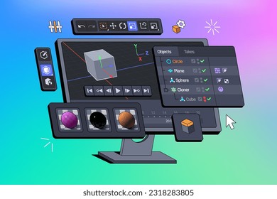 3D software suite interface displayed on a computer monitor. Viewport of Program for motion designers and animators. Creating three dimensional vfx. Isometric Vector illustration.
