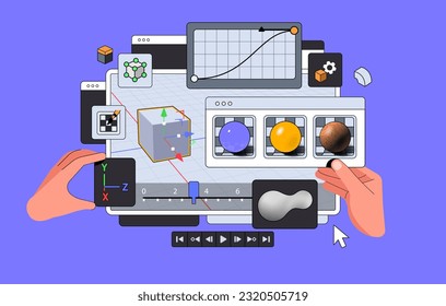 3D Software Suite Interface Layout mit Händen. Anzeige des Programms für Motion Designer und Animatoren. Große Paneele. Minimale Vektorgrafik.