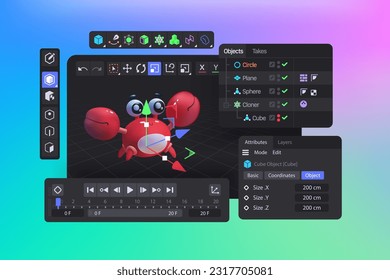 3D software suite interface. Viewport of Program for motion designers and animators. Creating three dimensional vfx. Vector illustration.