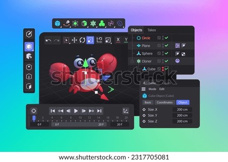3D software suite interface. Viewport of Program for motion designers and animators. Creating three dimensional vfx. Vector illustration. Foto stock © 