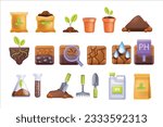 3D soil icon set, cartoon fertilized compost, vector agriculture farming illustration kit, seedling. Geology layers garden pots, plant roots agronomy science, NPK can, clay pile. Soil icon collection