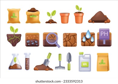 3D soil icon set, cartoon fertilized compost, vector agriculture farming illustration kit, seedling. Geology layers garden pots, plant roots agronomy science, NPK can, clay pile. Soil icon collection