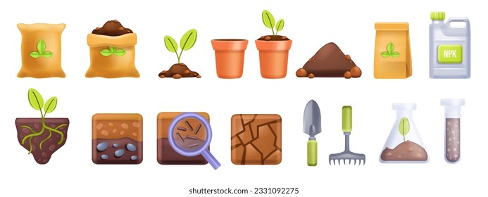 3D soil icon vector set, cartoon fertilized compost, agriculture farming illustration kit, seedling. Geology layers garden pots, plant roots agronomy science, NPK can, clay pile. Soil icon collection