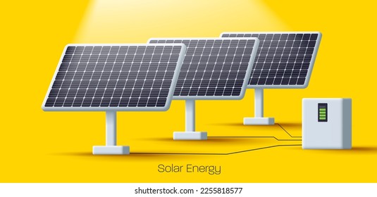 3d solar power station with panel and energy collector, 3d illustration, render 3d style, yellow bright