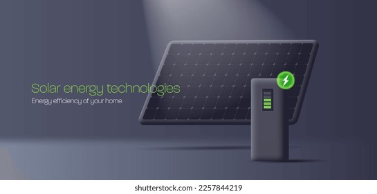3d central solar con panel y colector de energía, ilustración 3d, color negro de representación