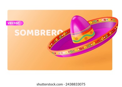 sombrero 3d. Realista sombrero mexicano del festival, tradicional recuerdo latino fiesta del día de cinco de mayo, mariachi disfraz fiesta de carnaval diversión ilustración vectorial de fiesta tradicional del festival