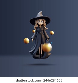 3D sorceress, witch in black clothes levitating, flying with golden layers in the air in the dark. For celebrations, magic, fairy tales, fantasies, prints on T-shirts. Vector