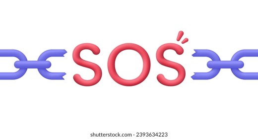 3D-SOS-Notfalltext. Notalarm Zerbrochene Kette. SOS-Hilfe-Service. Trendy und moderne Vektorgrafik im 3D-Stil