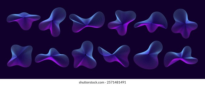 3D sound gradient line wave shapes of dynamic soundwave, abstract vector forms. 3D shapes of mesh grid line with neon gradient of pulsing energy flow or waveform wireframe for music or digital sound