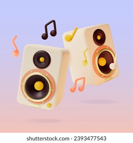 3d Sound Speakers and Music Notes Symbols Floating Objects Cartoon Style Element Party or Concert. Vector illustration of Loudspeakers