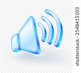 3D sound volume speaker icon Blue clear glass material. isolated on transparent background. Vector illustration file.