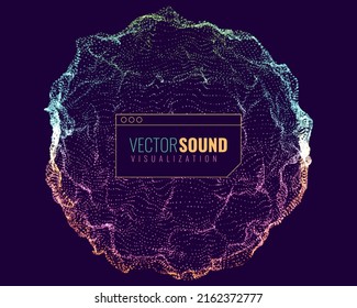 3D Sound Wave Sphere with Trendy Text Box Design. Audio Visualization Particles Sphere for Music Event Flyers, Posters, Banners, Merch. Vector Illustration.