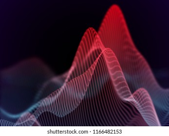 3D Sound waves. Big data abstract visualization: business charts analytics. Digital surface with flowing curves. Futuristic technology background. Red sound waves, EPS 10 vector illustration.